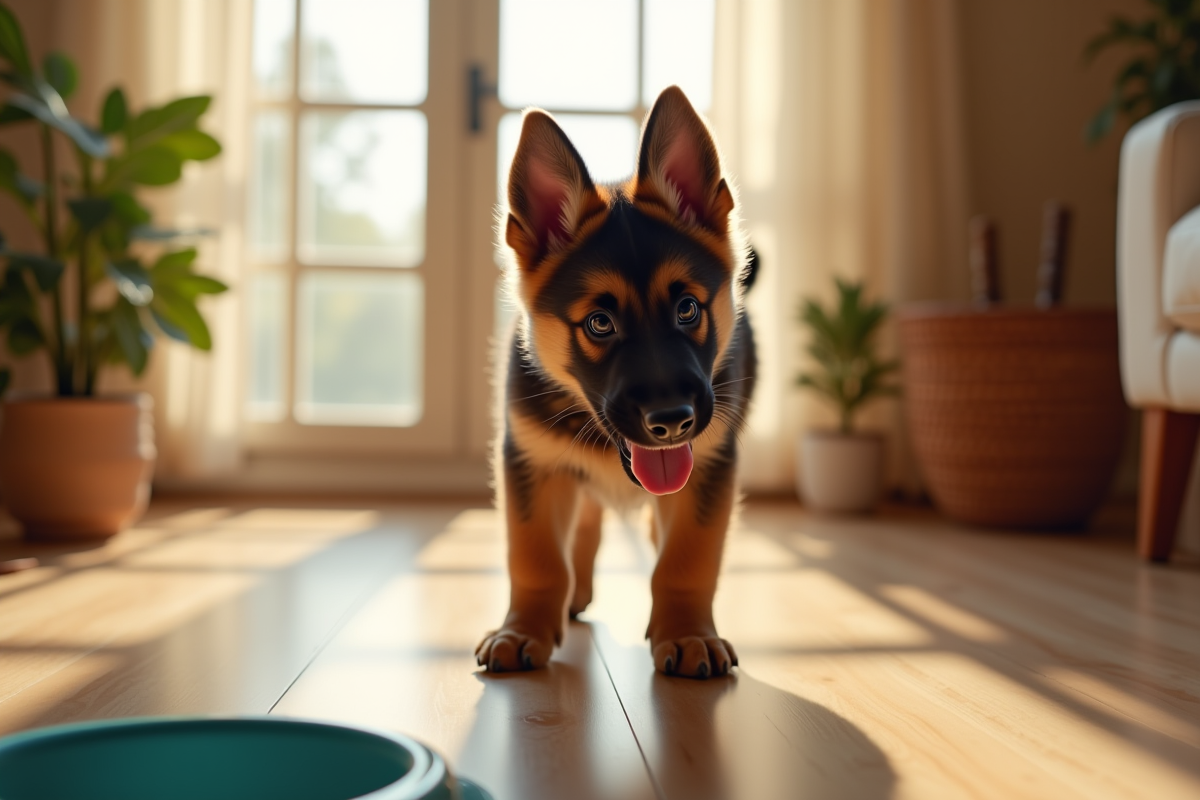 Chiot shepherd belge explore une pièce ensoleillée