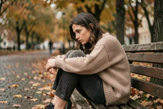 Femme seule assise sur un banc en automne, regard perdu dans le vague, illustrant la tristesse d'une rupture amoureuse