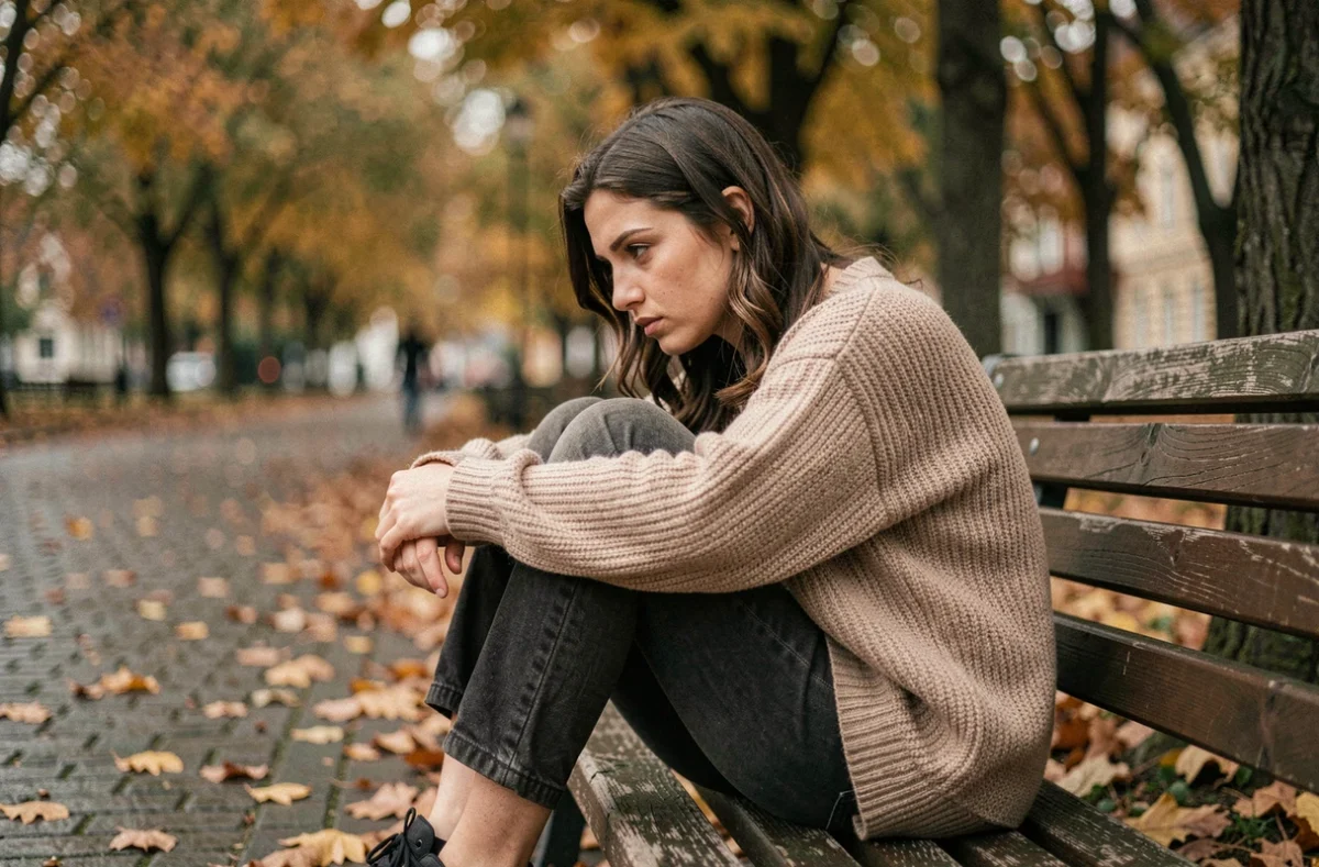 Femme seule assise sur un banc en automne, regard perdu dans le vague, illustrant la tristesse d'une rupture amoureuse