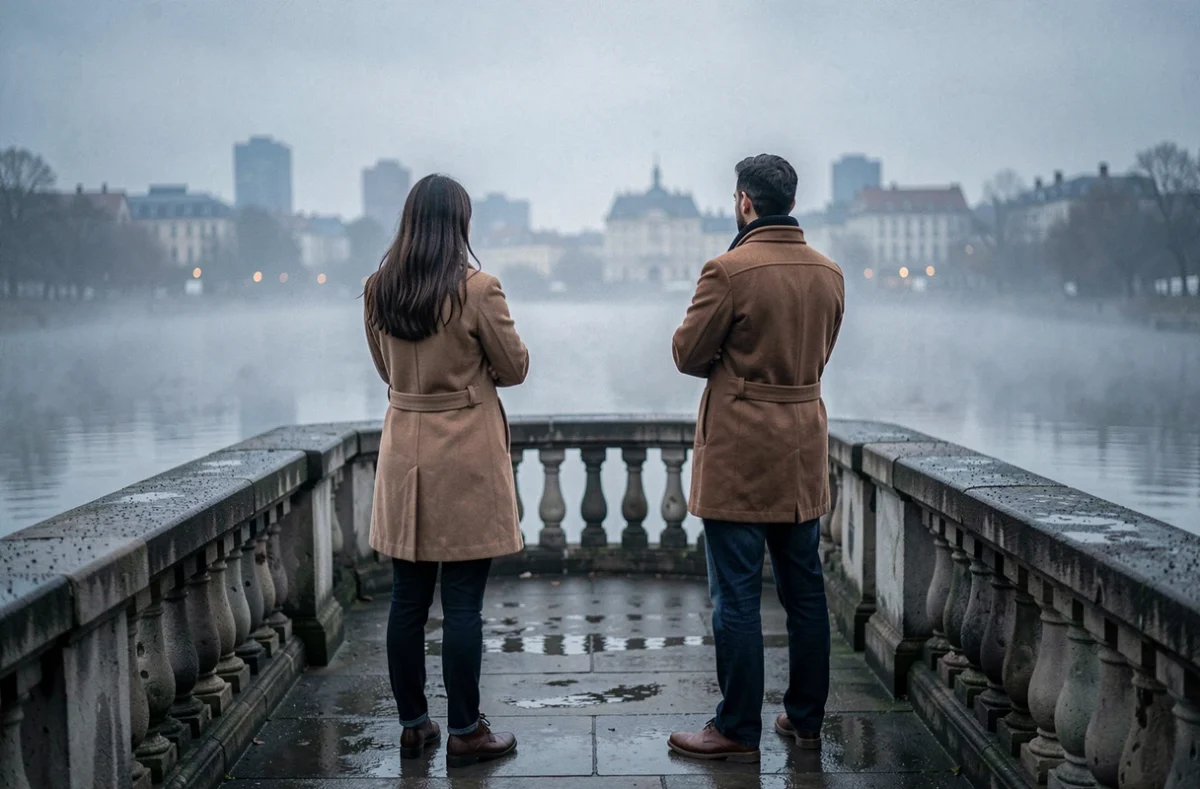 Couple séparé sur un pont brumeux au crépuscule, dos à dos, illustrant la distance émotionnelle et la douleur de la rupture amoureuse