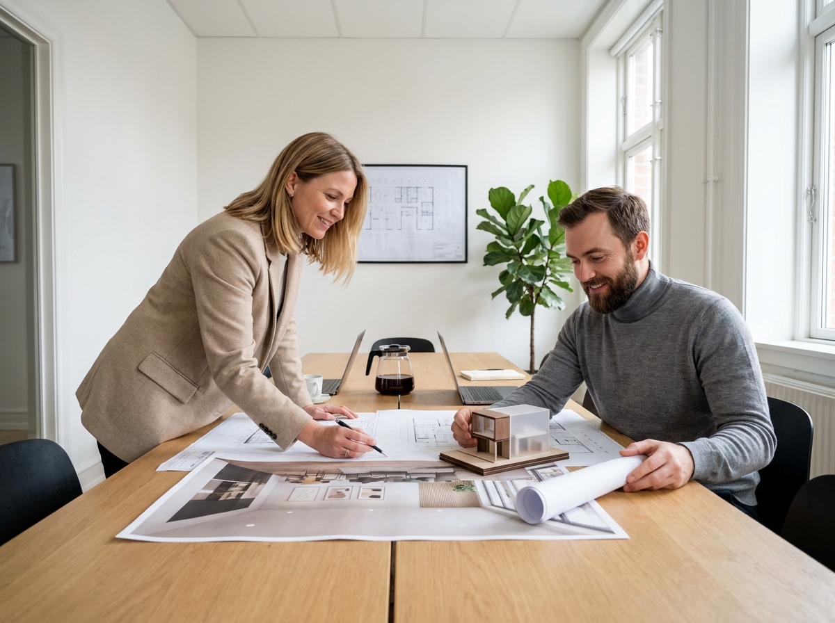 Architecte d'intérieur et designer produit collaborant autour de plans et d'un prototype lors d'une réunion professionnelle