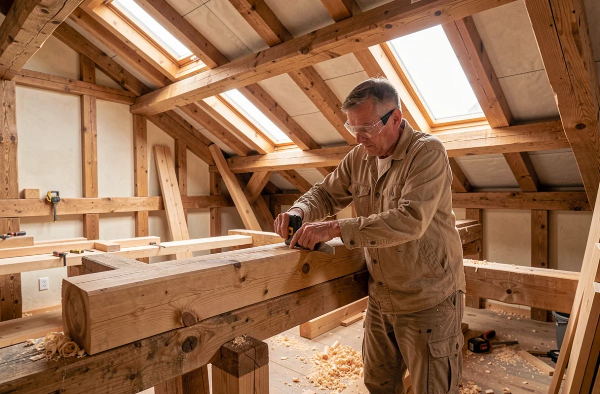 Charpentier couvreur mesurant une poutre en bois dans une structure de toiture traditionnelle à Colmar