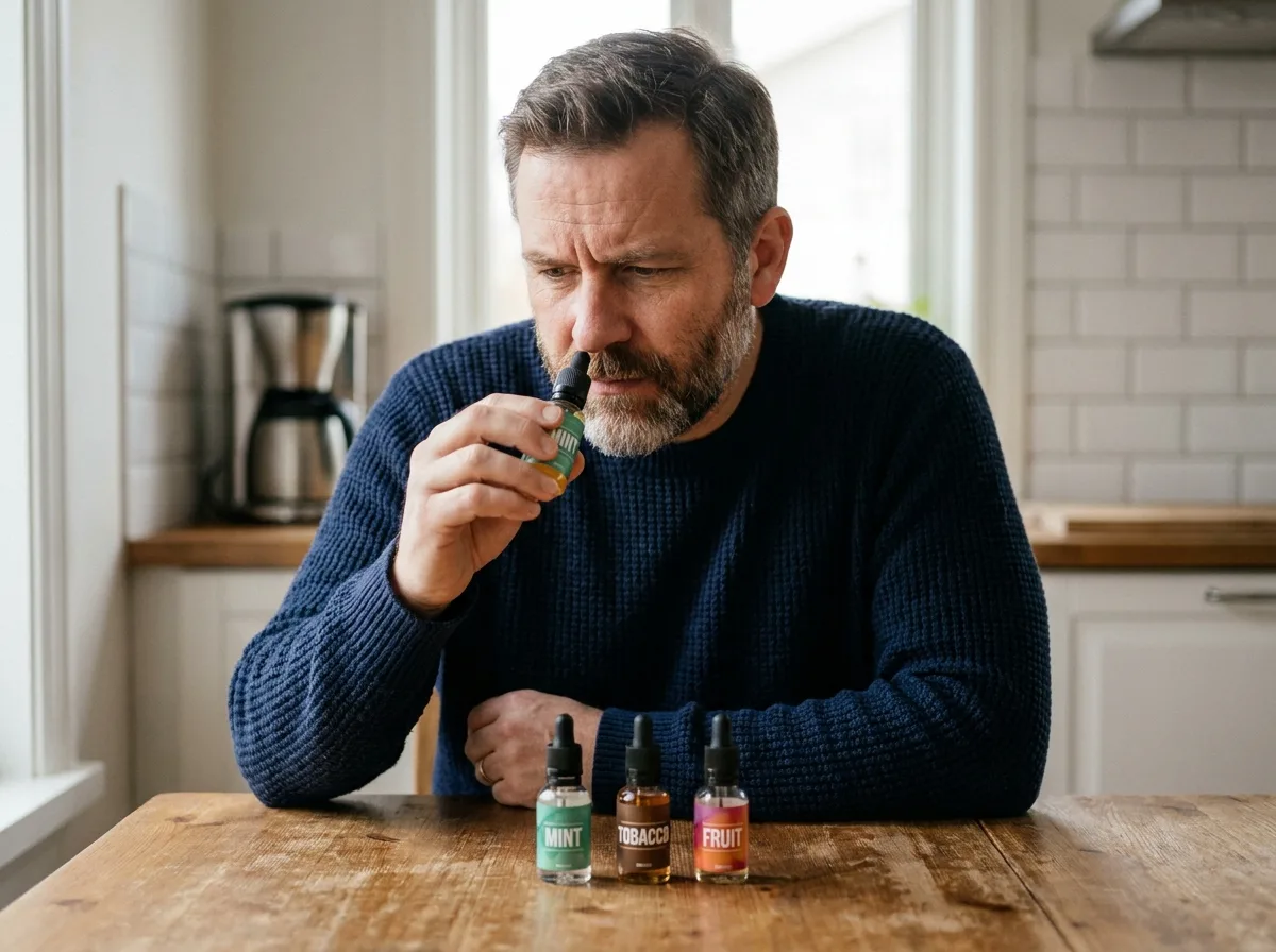 Homme comparant plusieurs flacons d'e-liquide pour cigarette électronique sur une table en bois