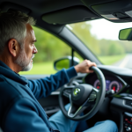 Homme d'âge moyen conduisant une voiture moderne sur une route de campagne