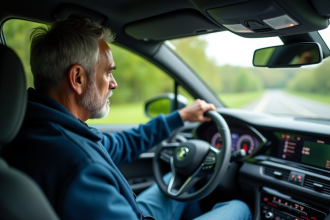 Homme d'âge moyen conduisant une voiture moderne sur une route de campagne