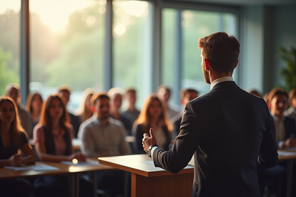 Conférence académique avec un orateur devant un public attentif