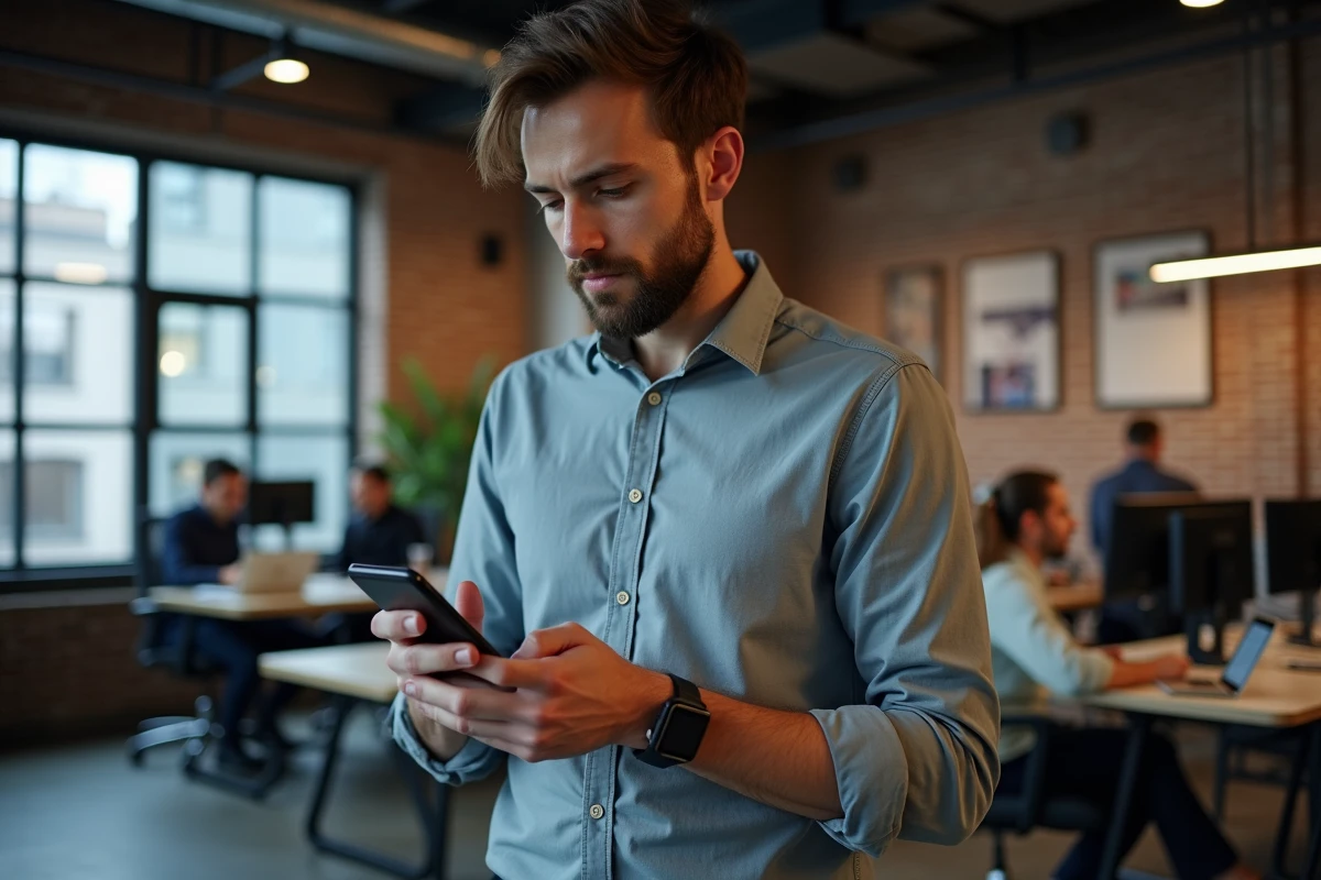 Homme consultant des avis en ligne sur son smartphone pour évaluer la fiabilité d'une offre de location avant réservation