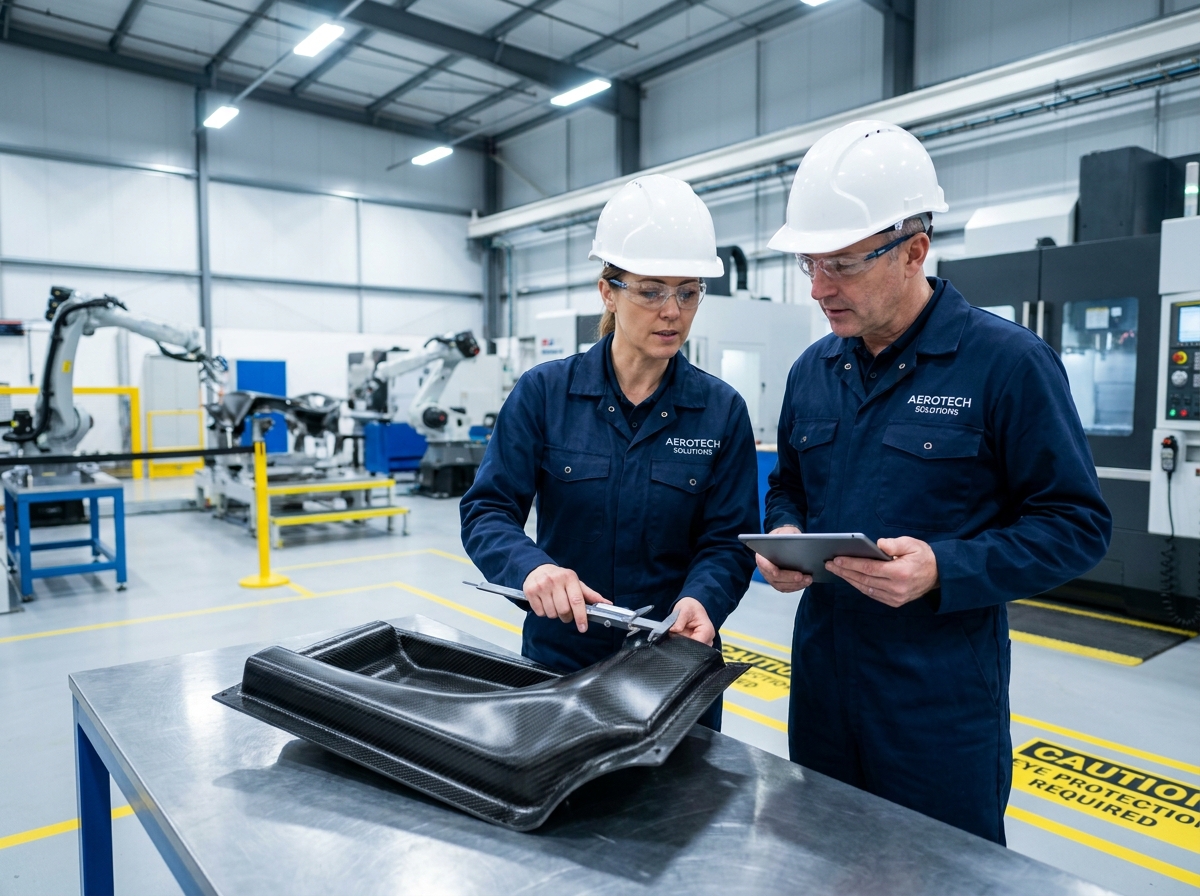 Deux ingénieurs CMS France contrôlant la qualité d'un composant composite dans un hall de production