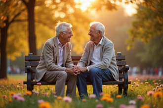 Couple âgé souriant sur un banc dans un parc en fleurs