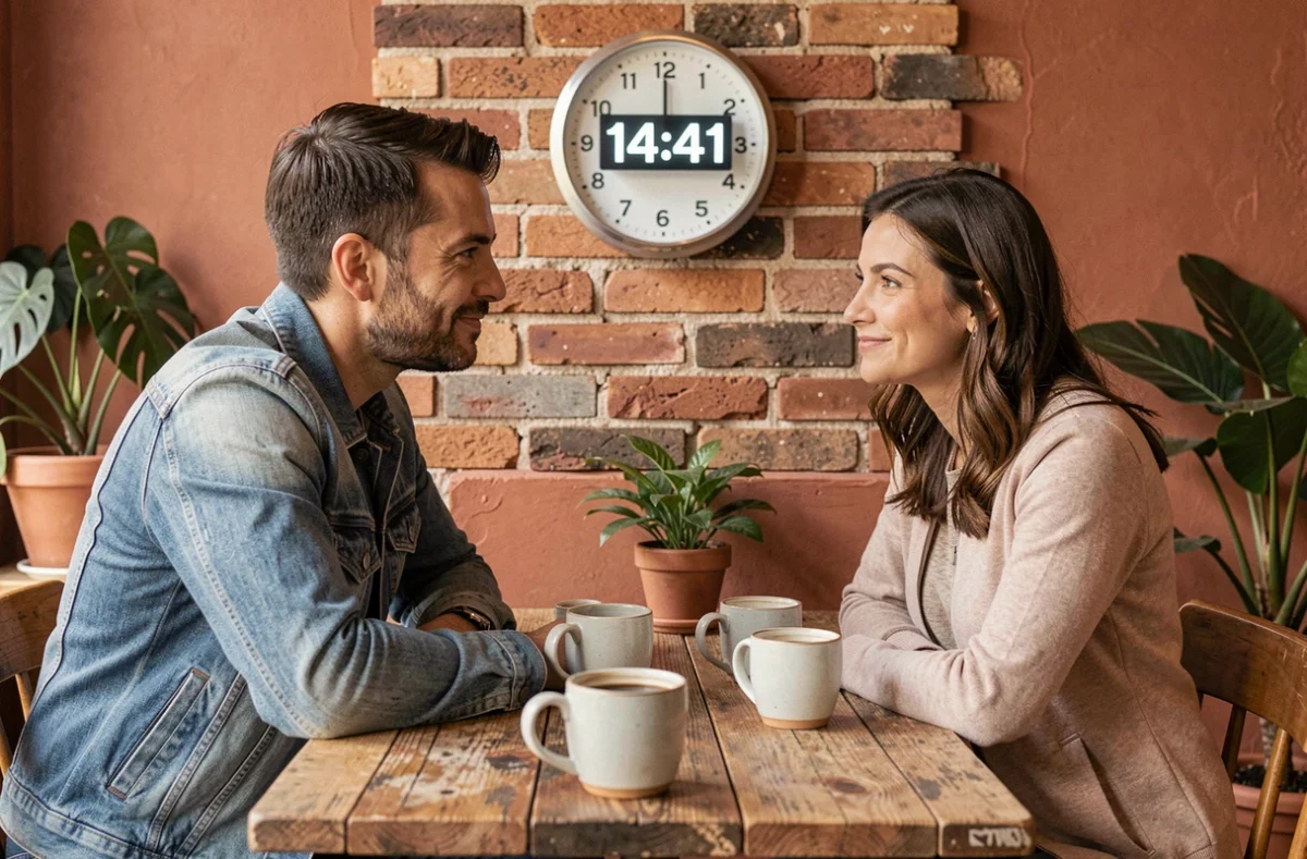 Couple dans un café remarquant simultanément l'heure miroir 14h41, regard complice symbolisant la synchronicité relationnelle