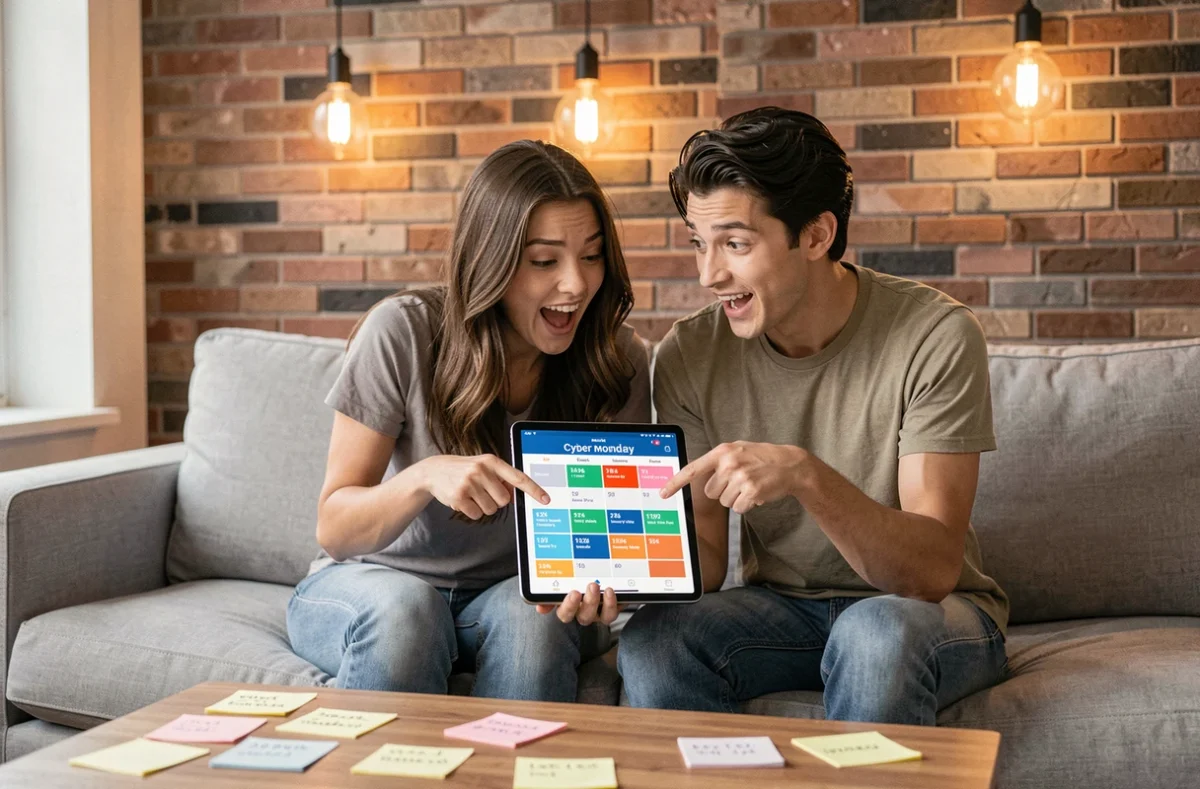 Couple consultant le calendrier des ventes Cyber Monday sur une tablette dans leur appartement, entouré de notes de promotions