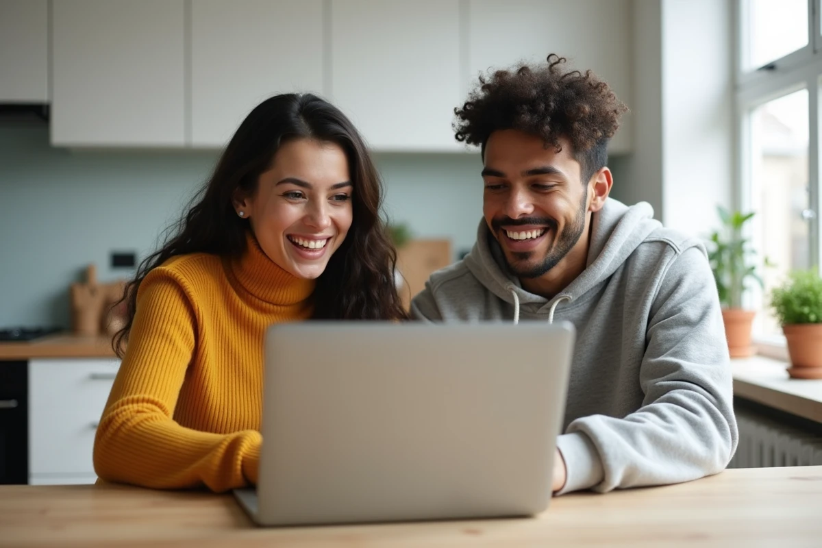 Couple de jeunes adultes consultant les dates de déploiement de la fibre optique Bbox 6 par région sur un ordinateur portable