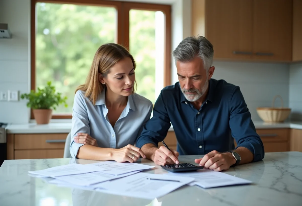 Couple d'adultes examinant des papiers de prêt immobilier dans une cuisine moderne