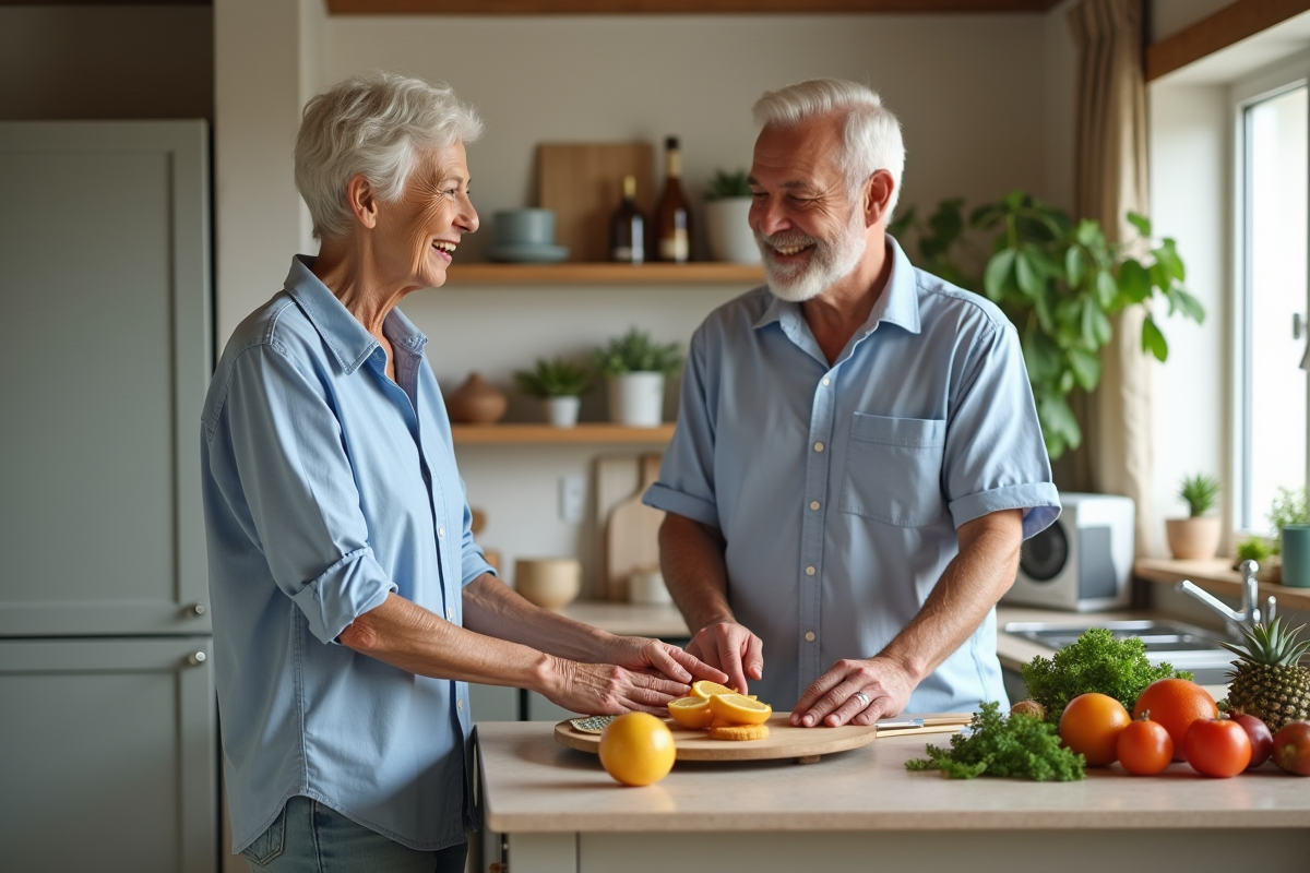 Vieux couple en cuisine dans un appartement lumineux