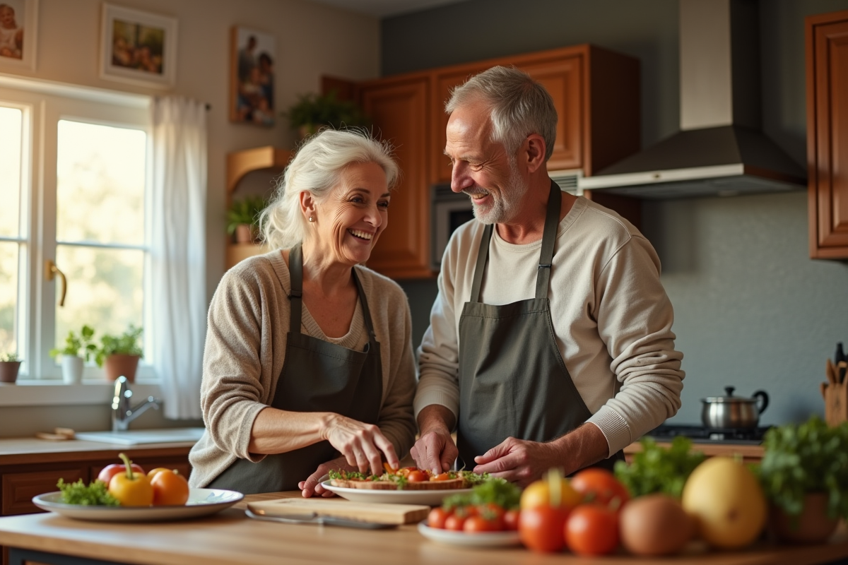 Couple mature préparant un repas dans la cuisine en famille