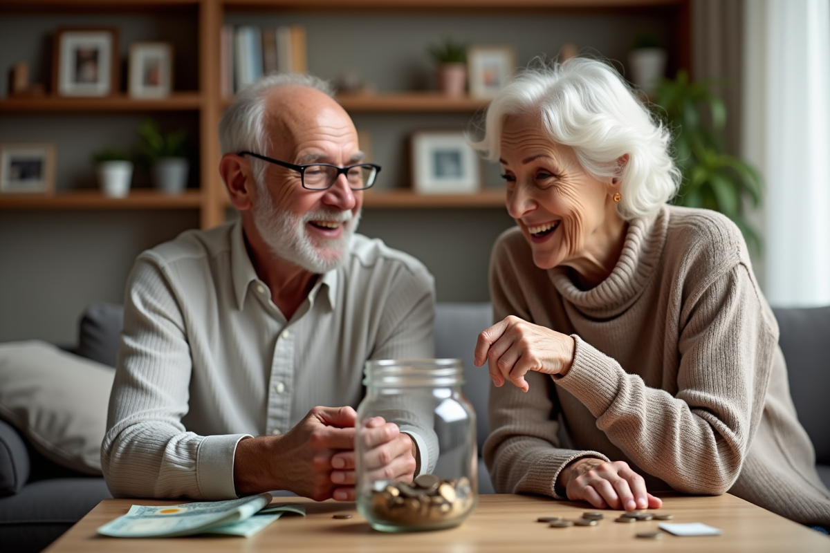 Couple âgé discutant de leurs économies dans un salon chaleureux