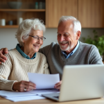 Couple senior souriant examinant des documents à la maison