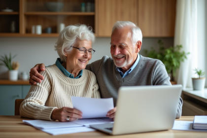 Couple senior souriant examinant des documents à la maison