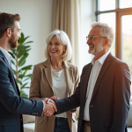 Couple senior souriant serrant la main d'un agent immobilier dans un salon lumineux