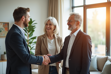 Couple senior souriant serrant la main d'un agent immobilier dans un salon lumineux