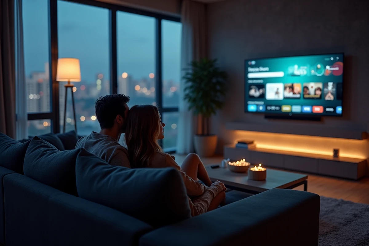 Couple regardant un site de streaming de films sur leur télévision connectée dans un appartement moderne
