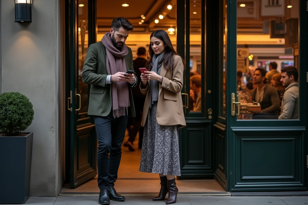Jeune couple vérifiant une carte devant une boîte de nuit à Lille