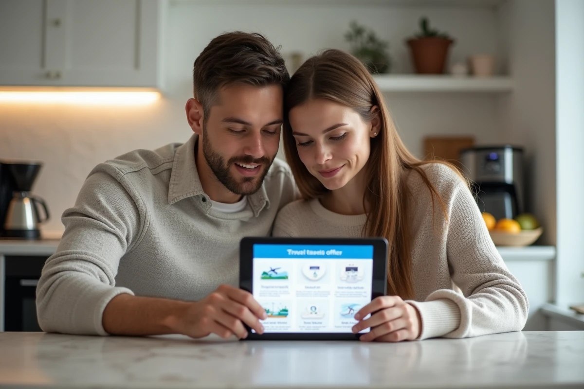 Couple vérifiant ensemble la fiabilité d'une offre touristique sur une tablette avant de finaliser leur réservation