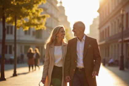 Couple élégant marchant dans une place ensoleillée
