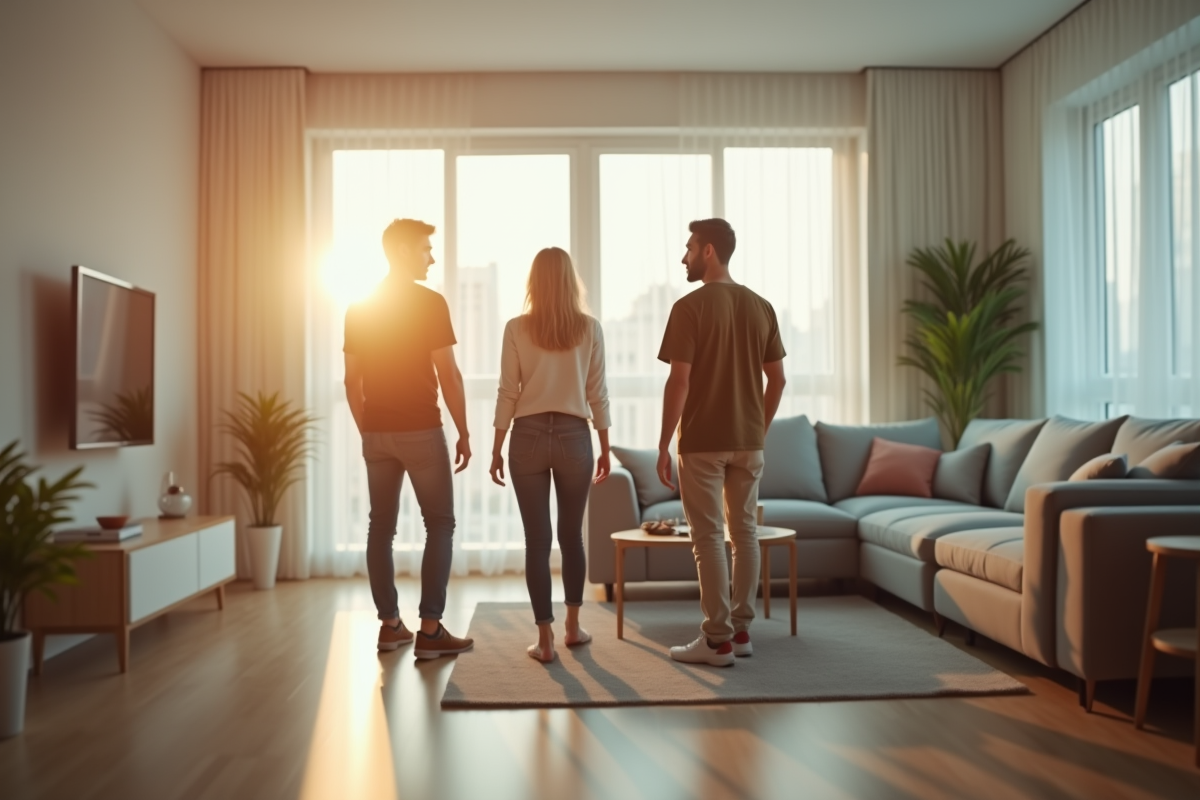Jeune couple visitant un appartement avec un agent immobilier