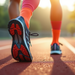 Pieds de coureur en chaussettes colorées et chaussures de sport en pleine course