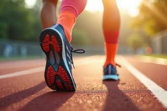 Pieds de coureur en chaussettes colorées et chaussures de sport en pleine course