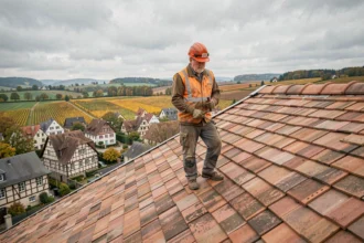 Couvreur professionnel debout sur un toit en tuiles alsaciennes traditionnel avec vue sur les collines du Haut-Rhin