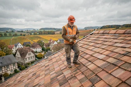 Couvreur professionnel debout sur un toit en tuiles alsaciennes traditionnel avec vue sur les collines du Haut-Rhin