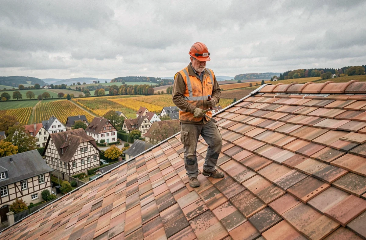 Couvreur professionnel debout sur un toit en tuiles alsaciennes traditionnel avec vue sur les collines du Haut-Rhin