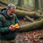 Cueilleur français tenant des champignons flamboyants dans la forêt