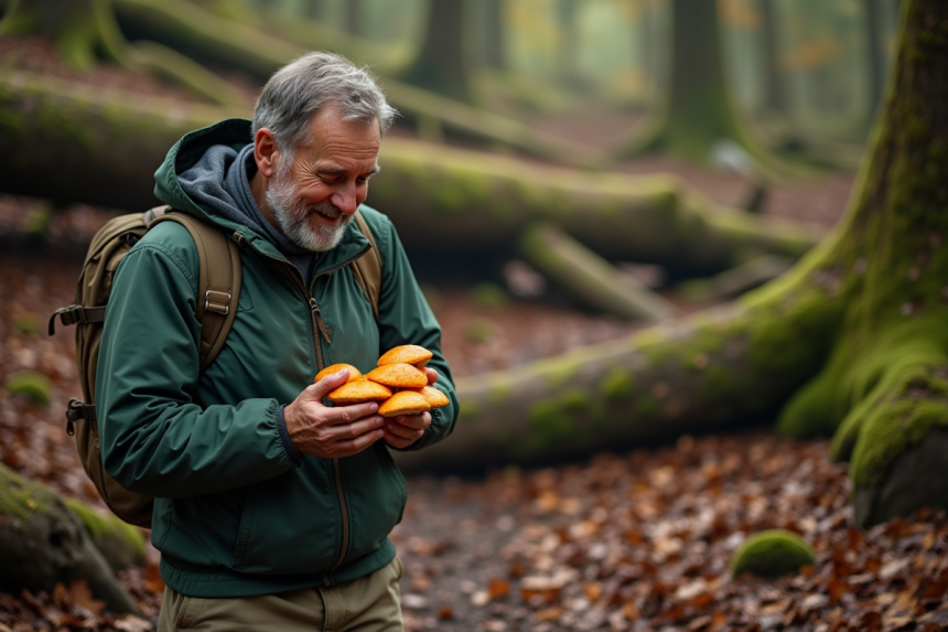 Cueilleur français tenant des champignons flamboyants dans la forêt