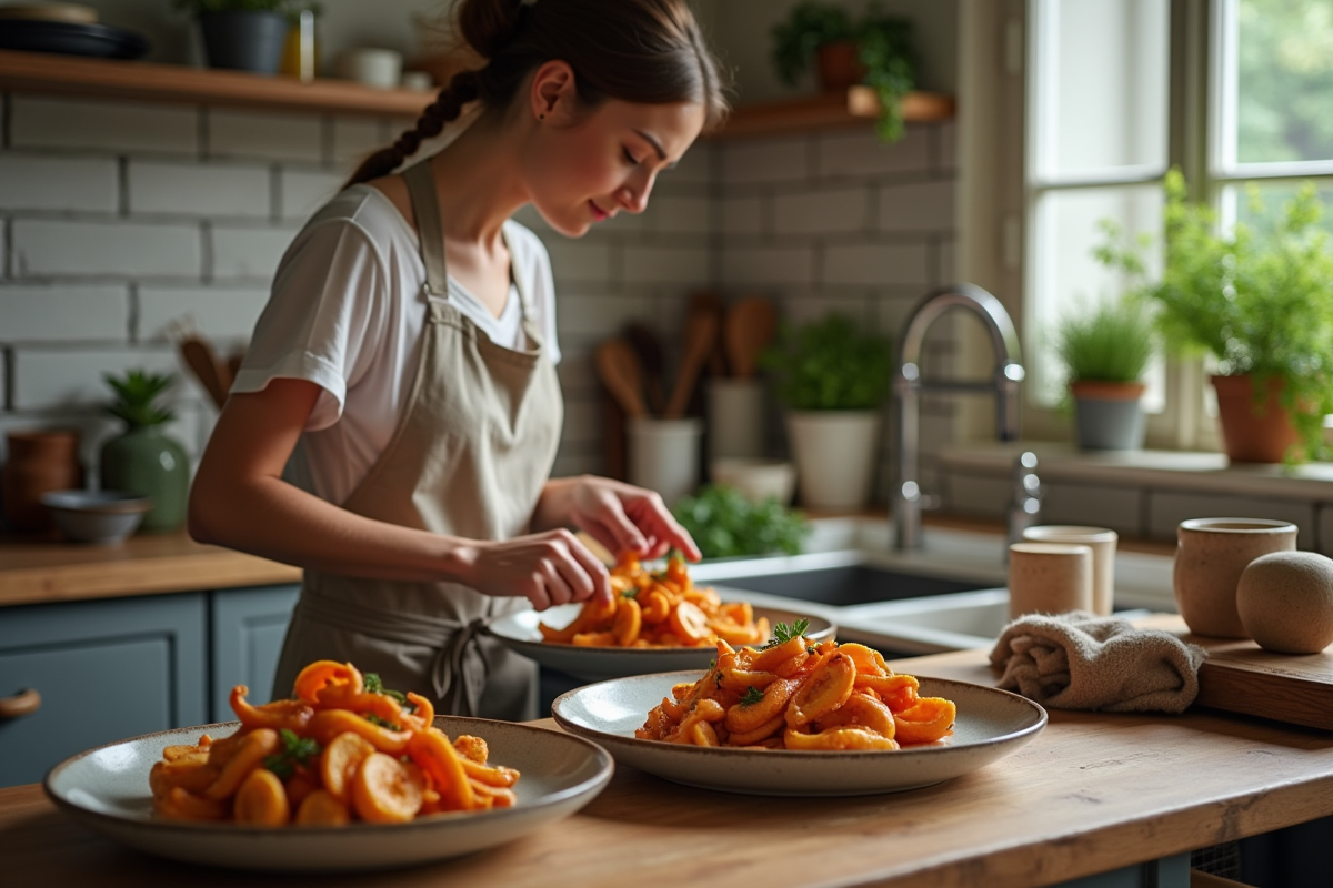 Jeune femme préparant des champignons flamboyants en cuisine