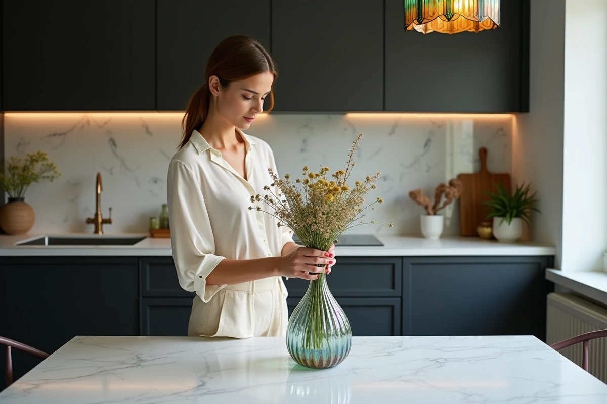 Femme arrangeant des fleurs dans un vase en verre Art nouveau iridescent sur une table en marbre, dans une cuisine moderne aux accents vintage