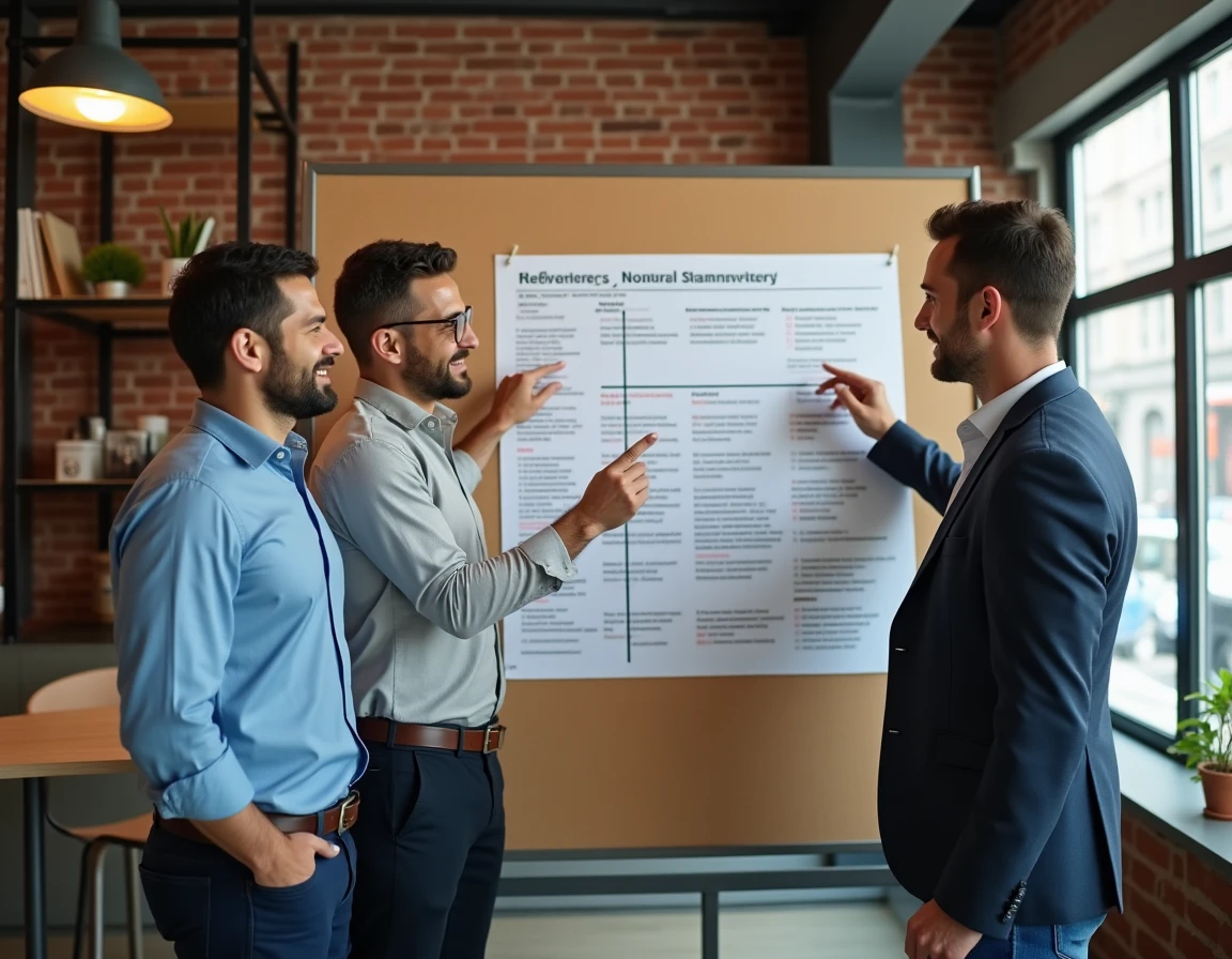 Groupe de journalistes et analystes politiques examinant une frise chronologique d'articles de blog idéologiques dans un espace de coworking
