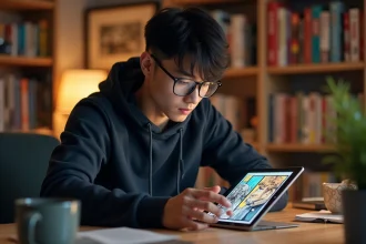 Jeune homme lisant un manhwa sur tablette à son bureau, idéal pour débuter dans la lecture de webtoon