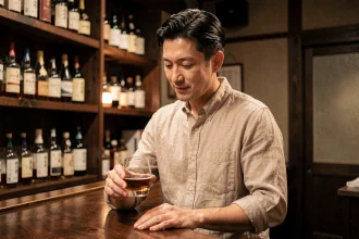 Homme dégustant un verre de whisky japonais Akashi dans un bar en bois chaleureux