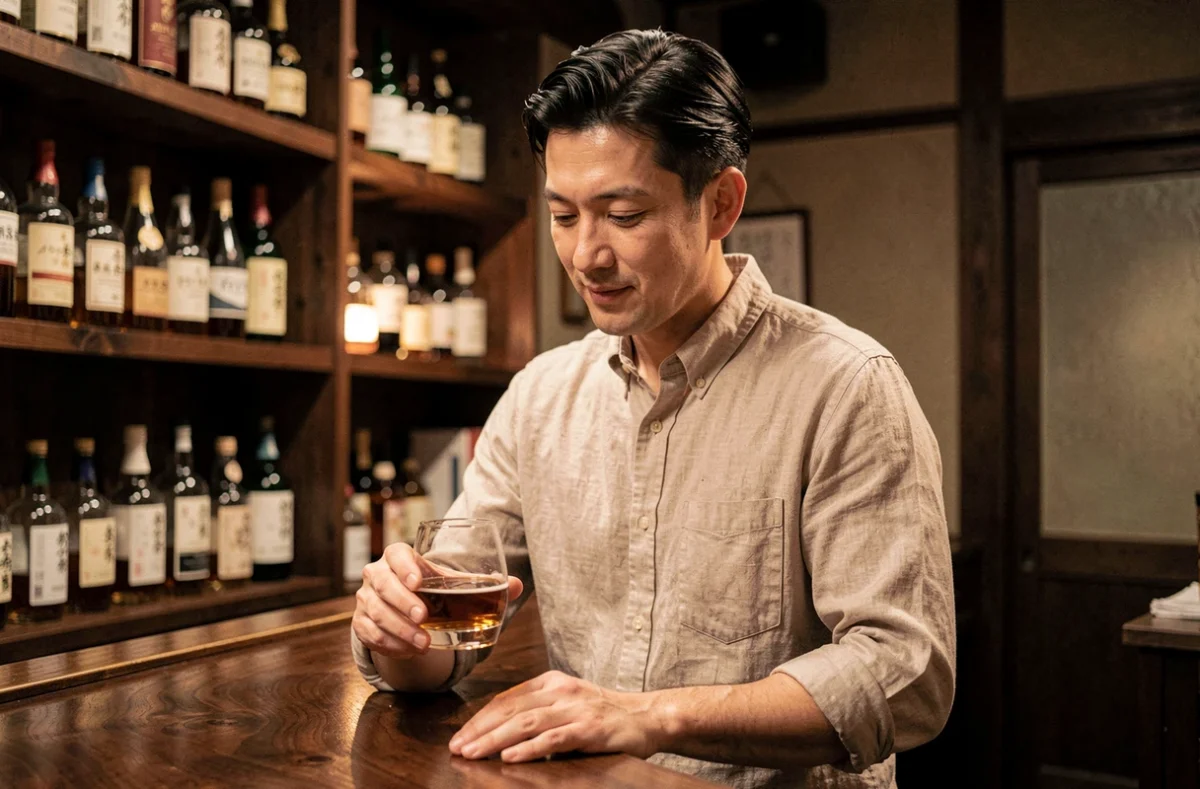 Homme dégustant un verre de whisky japonais Akashi dans un bar en bois chaleureux