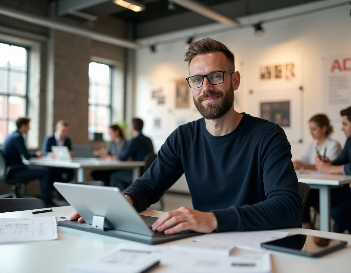 Designer produit travaillant sur un prototype industriel et des croquis dans une agence de design moderne en open space
