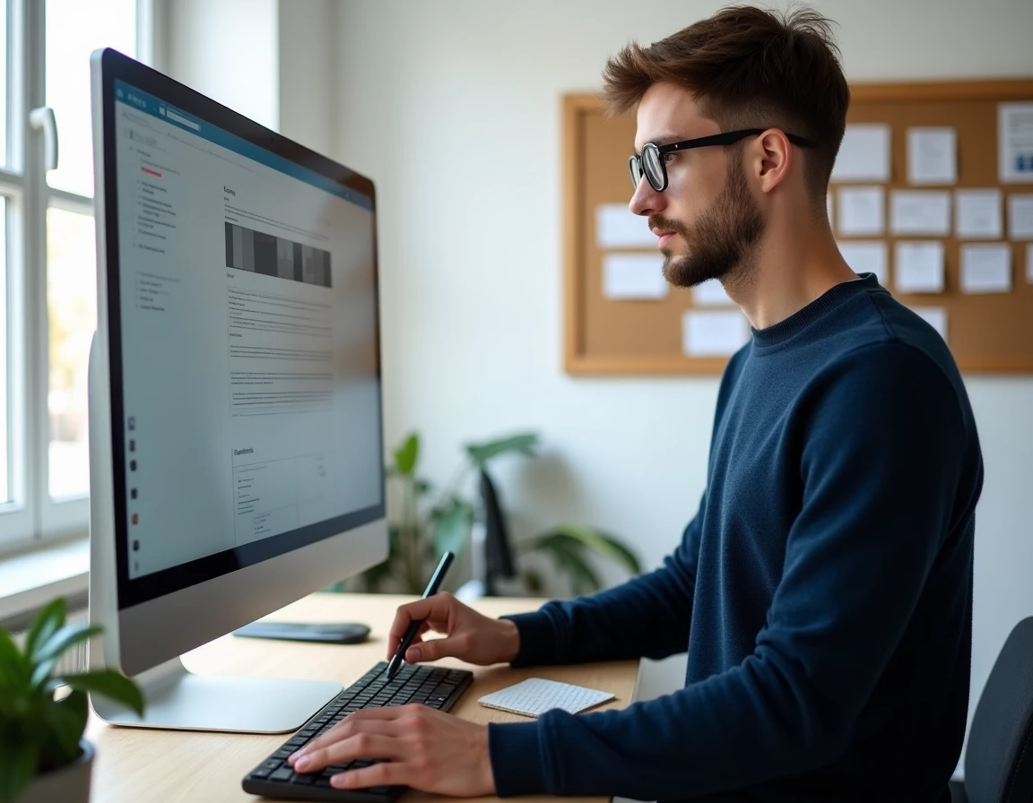 Développeur web pointant un prototype d'interface avec du Lorem Ipsum affiché sur un grand écran dans un bureau minimaliste