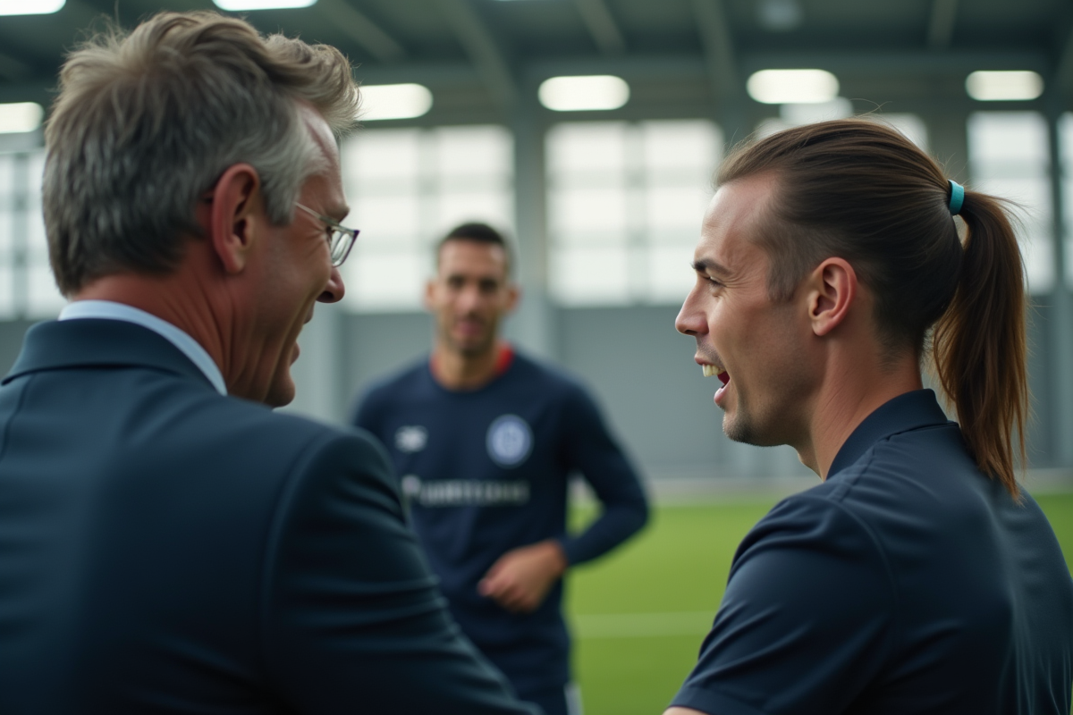 Dirigeant de football discutant avec jeunes joueurs en salle