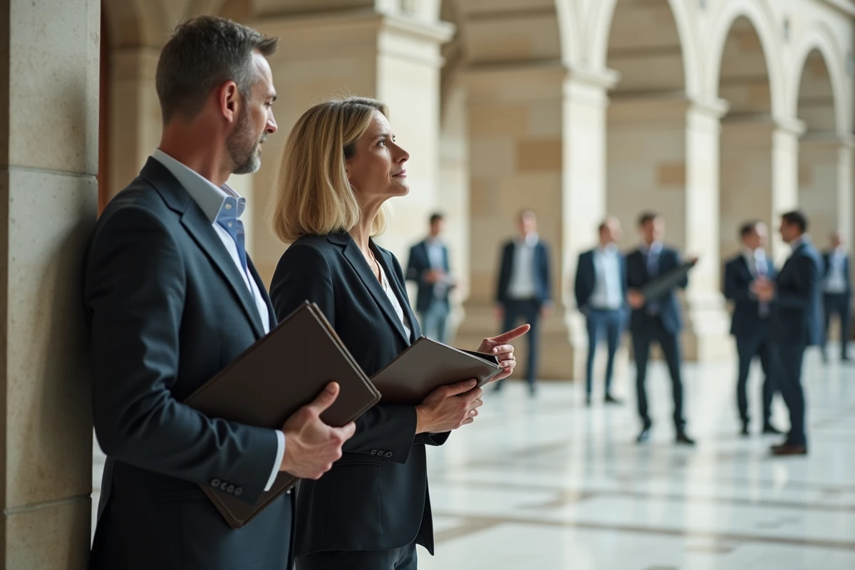 Homme et femme discutant dans le hall d