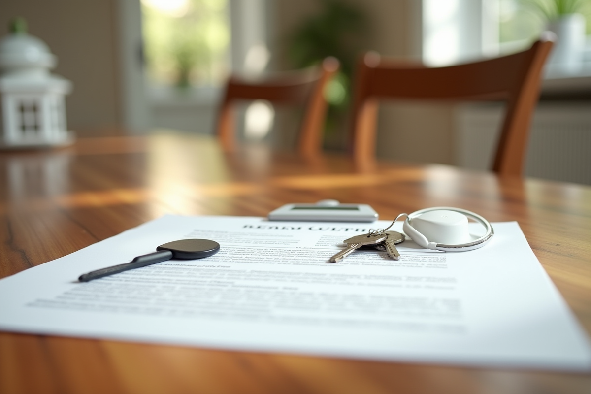 Documents signés et clés sur une table en bois dans une maison lumineuse