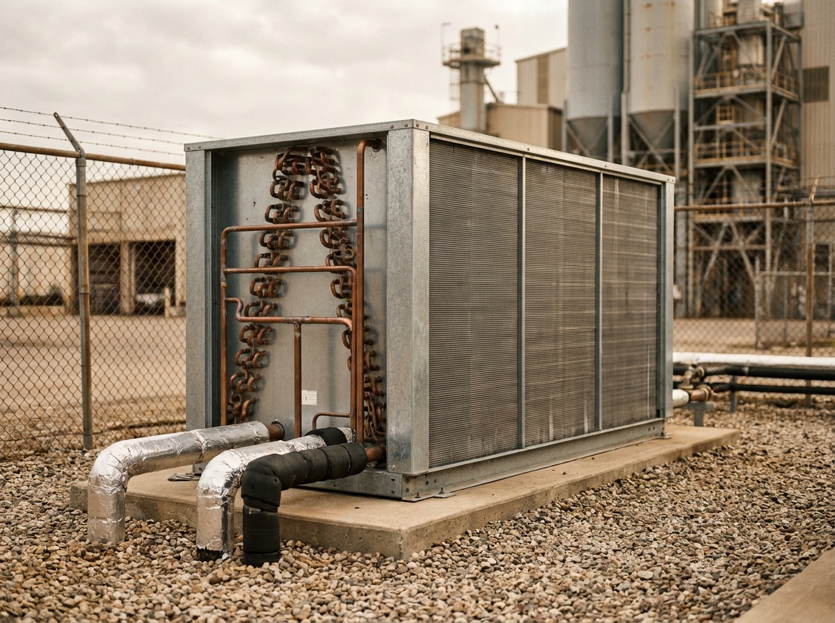 Dry cooler industriel en extérieur avec échangeur à tubes en cuivre et ailettes en aluminium ondulées, connexions de tuyauterie isolées