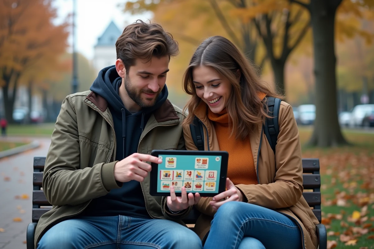 Deux amis collaborant sur un jeu de mots 4 images 1 mot sur tablette dans un parc en automne