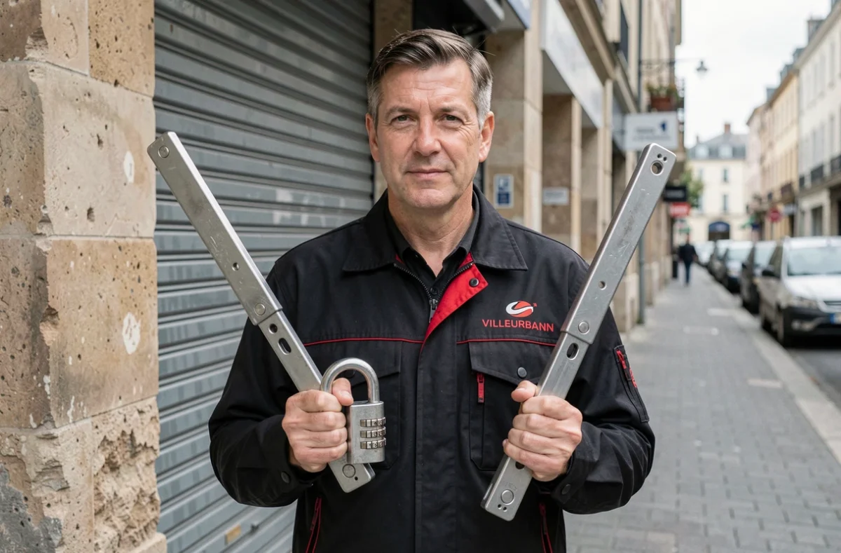 Professionnel de Dynamic Sécurité présentant des équipements de sécurité devant un commerce à Villeurbanne